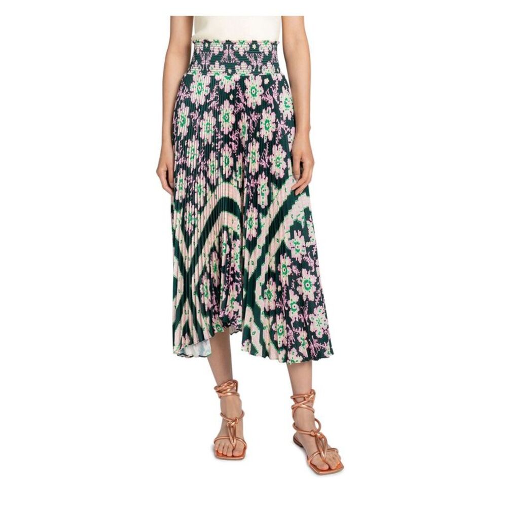 A.L.C Womens Green Stretch Smocked Pleated Floral Maxi A-Line Skirt 4 - Picture 1 of 3